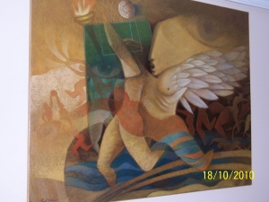 CUADROS COLECCION raul luza. 147 x 115.oleo lienzo.(apadrinado por oswaldo guayasamin).en trasera titulado deporte.catalogado en la pagina web del artista.